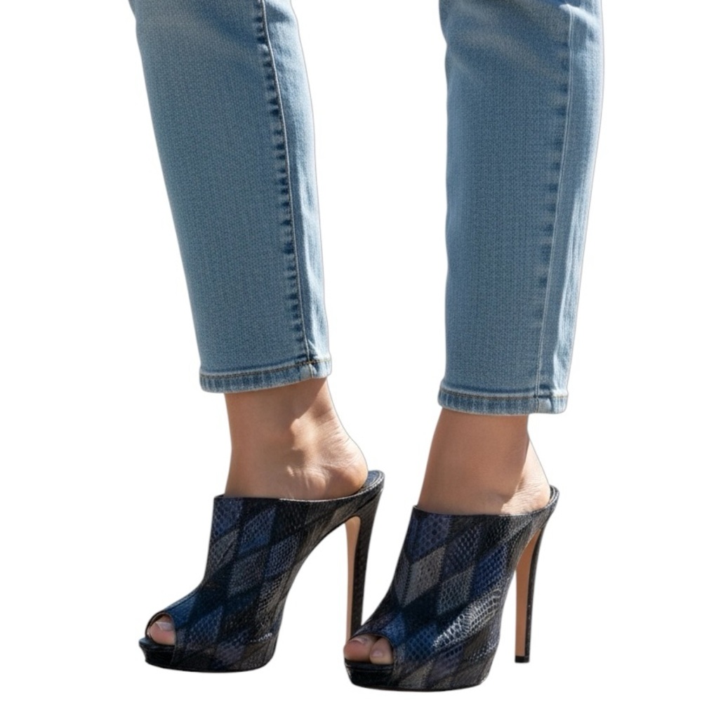 Like New Prada Ayers Patch Trendy Blue and Black Heels Moto Boho Edgy Mob Wife - Picture 2 of 8